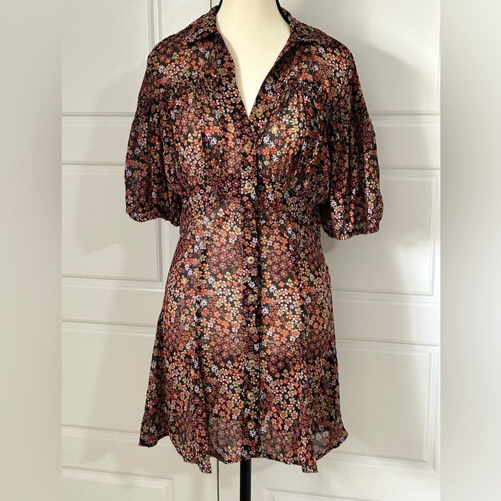 Free people Bonnie chiffon mini shirt dress Floral Button-Up Dress brown size S